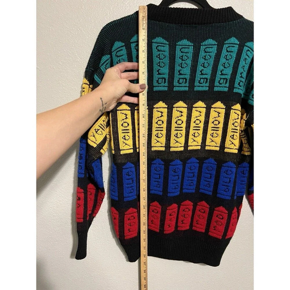Vintage Knitted Sweater Crayons - Red Blue Yellow Green - Size M - Picture 4 of 5